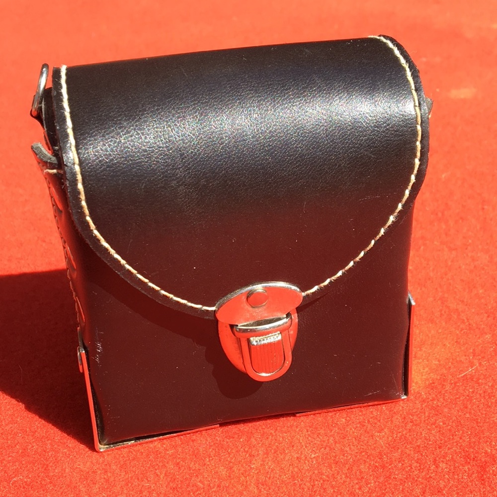 4” x 4” x 2” faux black leather travel case snap buckle flap reinforced pouch